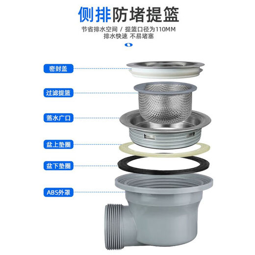 XMSJ厨房洗菜盆下水管配件防臭省空间高位侧排洗碗槽水槽下水器 14110+140提笼+四通+双排水管 Y