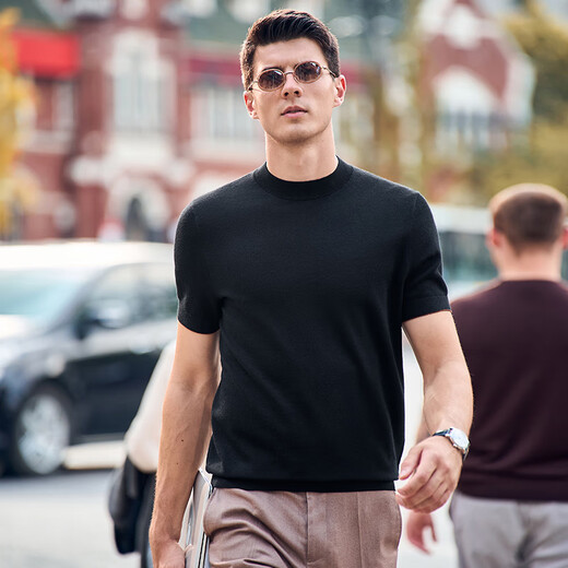 Mr. Bu machine washable short-sleeved wool T-shirt men's autumn and winter base sweater piano black L/175