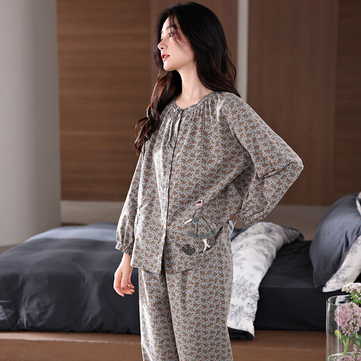Banxinles neuer Pyjamas-Frauen Herbst Langarmed Pure Cotton Home Clothes Frühling und Herbst Lose Lose großer Mutter mit mittlerem Alter mit Blumen-Set XRC-1517# Frauen M/160