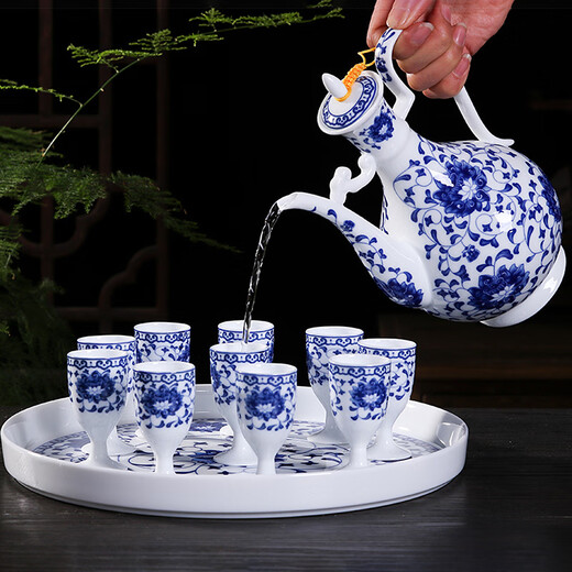 Xihe Yinyao Xihetang Jingdezhen Ceramic Wine Set Liquor Goblet Spirit Cup Blue and White Flask Set Wine Cup Tangle Lotus Style (1 Pot, 10 Cups, 1 Tray)