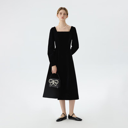 Fan Silann Velvet Bajo Collar Square Black Skirt para Mujeres 2024 Vestido de reunión anual de New Elegant Elegant Reune 14698 Negro S