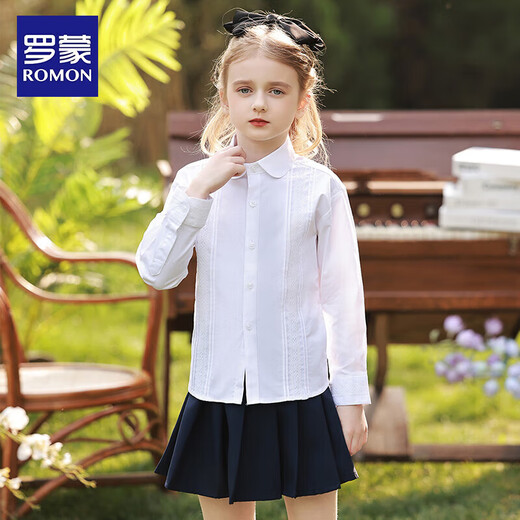 罗蒙女童衬衫长袖白色打底衬衣小学生幼儿园毕业校园服饰演出 蕾丝150
