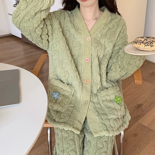 JaetinWsinn珊瑚绒睡衣女冬季长袖2024年新款法兰绒加厚保暖春秋天家居服套装 677#杏色 M 80-100斤