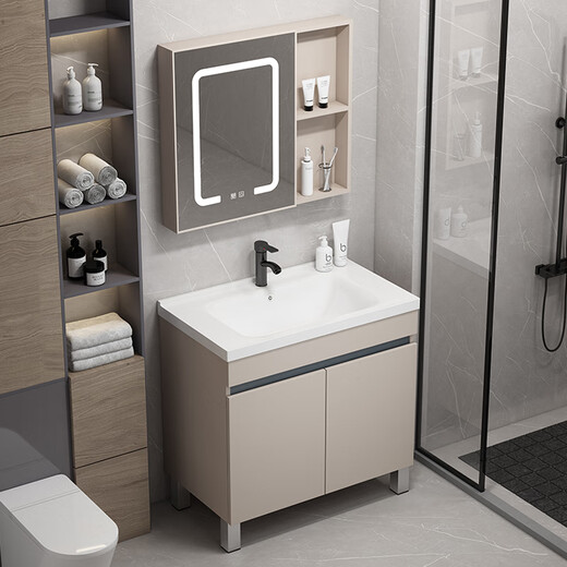 Dafify Honeycomb Aluminium Badezimmerschrank Keramik integrierter Badezimmer Waschbecken Schrank Kombination bodenhörigem Waschbecken Balkon Waschbecken Pool F828 Milch Kaffeetür Spiegelschrank 90 cm