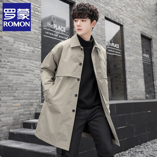 ROMON mid-length windbreaker men's autumn and winter new lapel loose coat men's light and mature British style youth coat men's coat khaki XL