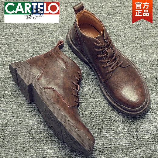 Cartelo Martin Boots Herrenherbst- und Winter High-Top-Schuhe Trendy Leder Britisch-Stil kurze Stiefel neue Plüschmitte Retro-Arbeitsstiefel Brown <Middle Top Style> 41