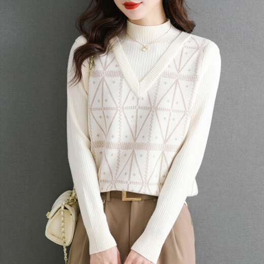 Red Dragonfly Sweater Women's 2025 Autumn New Women's Clothing Fake Two-Piece Sweater Women's Inner Long-Sleeved Bottoming Shirt Women's Top Beige Long Sleeve One Size