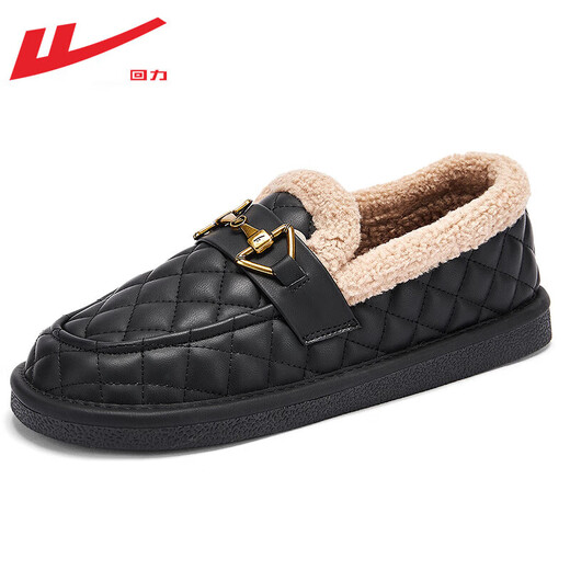 Warrior official beanie shoes for women, winter cold-proof and warm cotton shoes, furry shoes, slip-on loafers, black 38