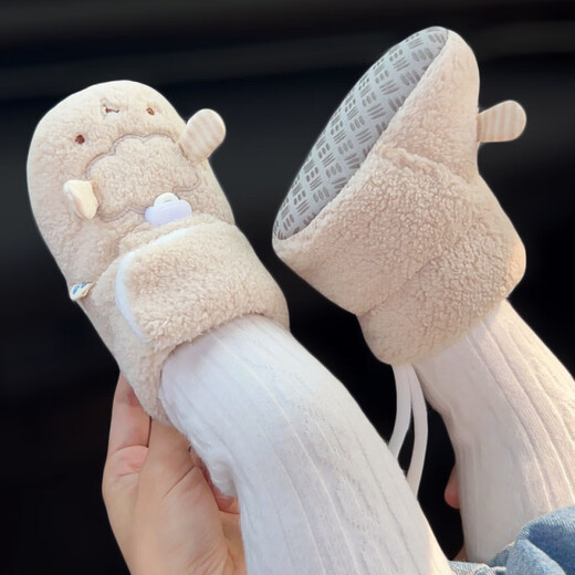 Miduer baby high-top shoes winter thickening and warm cartoon cute plus velvet newborn cotton shoes for boys and girls 6-12 months old Khaki (Jianjian bear cotton shoes) 12 inner length 12cmM (recommended 9-18 months)