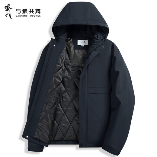 Dances with Wolves Cotton Lined Hooded Jacket Men's 2025 Autumn and Winter New Windproof Anti-wrinkle Warm Men's Jacket 1078 Navy Blue 101 L (175)
