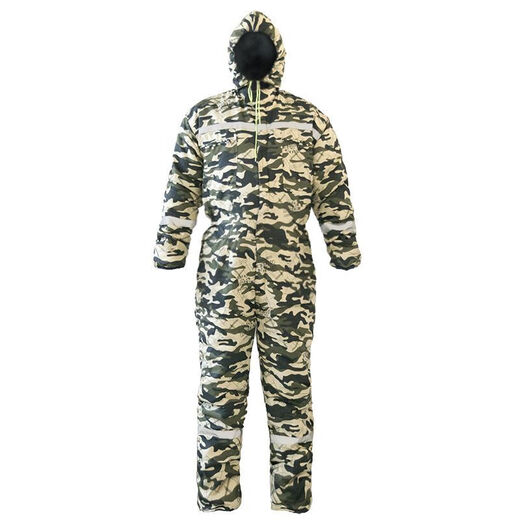 One-piece fishing suit winter thickened cold-proof and warm ice fishing suit cotton winter fishing suit sea fishing and rock fishing cold storage work clothes for men Waterproof camouflage one-piece cotton suit comes with 3 pairs of thick socks 4XL