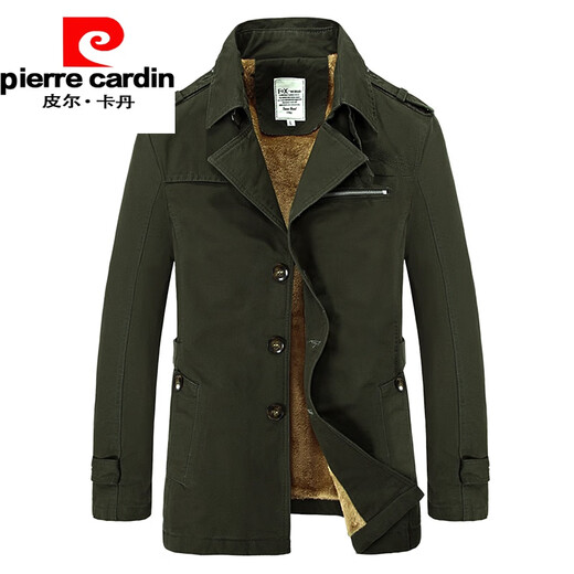 Pierre Cardin autumn and winter men's windbreaker mid-length hooded cotton Korean style trendy lamb plush jacket popular coat 5793Z dark khaki plus velvet XL