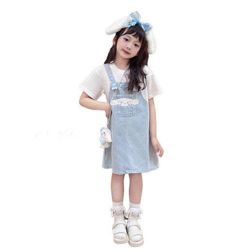 G.DUCKKIDS童装女童套装夏季洋气儿童背带裤套装卡通女孩t恤牛仔裙子 玉桂狗假两件背带裙送玩偶 140 码建议130-140cm9-10岁