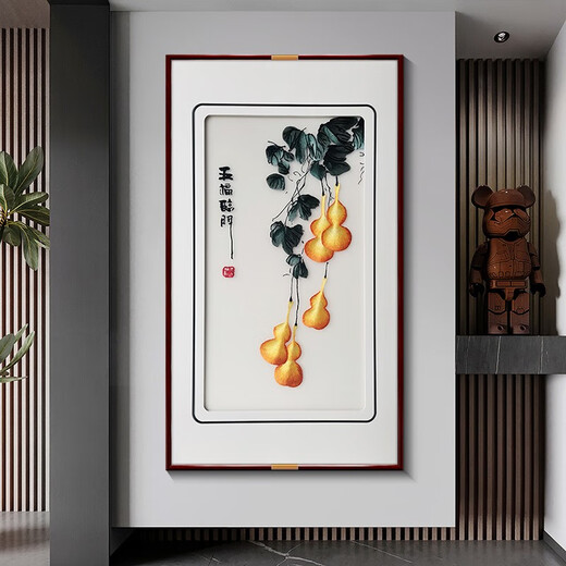 Zi Teng Suixuan Five Blessings Come to the Door Su Embroidery Finished Painting Entry Hall Decoration Painting Living Room Gourd Wall Painting Chinese Style Embroidery Mural Five Blessings Come to the Door (Default Brown) 70*123cm (Tempered Glass)