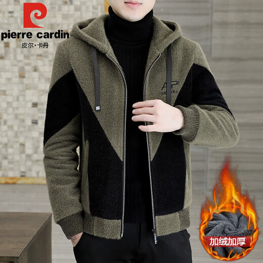 Pierre Cardin brand men's autumn and winter woolen coat men's hooded jacket men's tops plus velvet thickened woolen jacket for men black XL