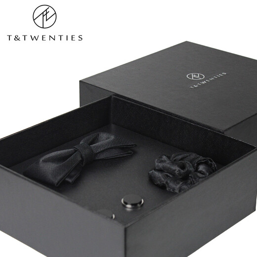 T&Twenties 男士真丝领结袖扣口袋巾三件套装礼盒 商务婚礼结婚新郎伴郎配饰 黑色暗纹纯色.三件套