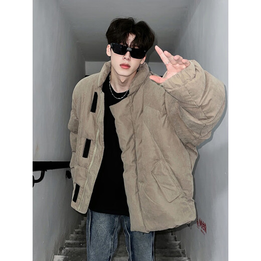 Poke American Suede Cotton Jacket Men's Winter New High Street Fashion Brand Thick Warm Stand-up Collar Cotton Jacket Loose and Versatile Khaki XL