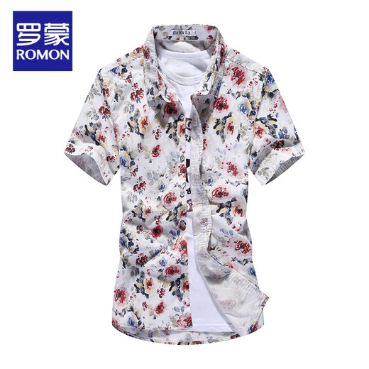 Romon Summer Herren Kurzarm-Hemd schlanker Jugenddruck Koreanischer Hemd im koreanischen Stil Casual Floral Tide Blue Herren-Kleidung 1048-5133 Dunkelblau XL (125-135jin [Jin Equals Equals gleichen]))