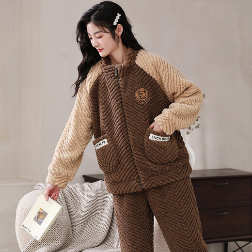 取纯睡衣女秋冬季法兰绒加绒加厚珊瑚绒甜美可爱冬天女圆领家居服套装 9712可可棕 M:适合穿着体重80斤-100斤