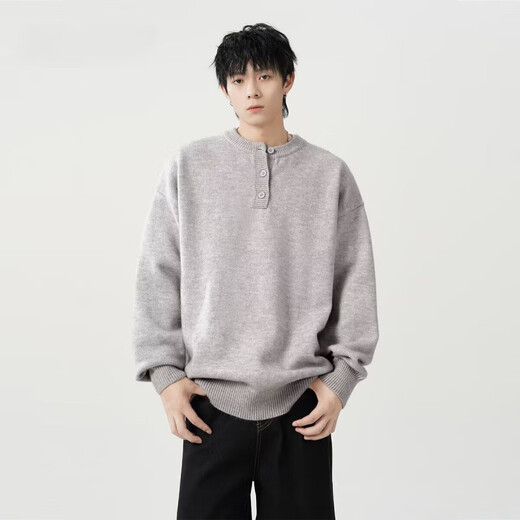 American retro Henry collar sweater for men and women, autumn trendy brand, loose off-shoulder casual sweater, lazy and versatile top, dark gray, regular, high quality, XL, recommended 125-140Jin Jin equals 0.5 kg