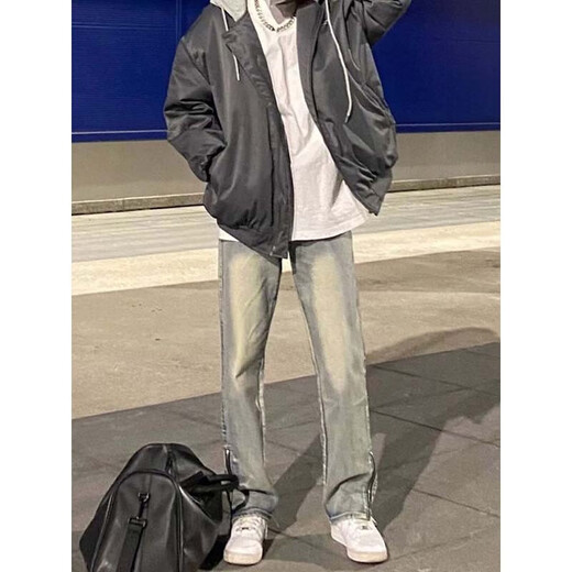 POUM men's joint yellow mud jeans men's spring and autumn style high street retro American straight fit loose casual pants WKXS-K679 yellow mud L