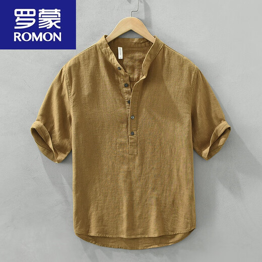 罗蒙（ROMON）中国风苎麻短袖男立领T恤棉麻复古休闲透气薄款亚麻半开衫短t 黑色 棉麻宽松水洗 L 120-145斤