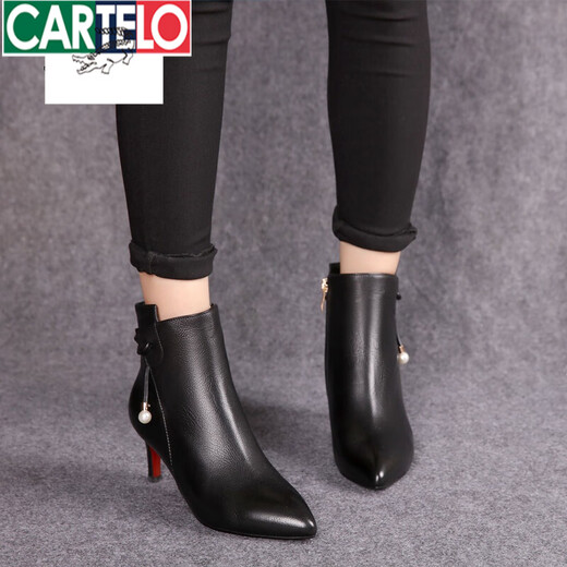 卡帝乐鳄鱼（CARTELO）2025秋冬新款黑色真皮中跟短靴女短筒细跟尖头高跟裸靴马丁靴女新 黑色绒里 38