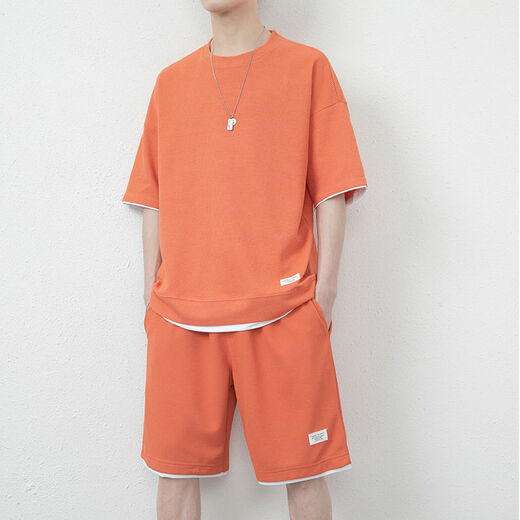
Hair funny clothes for men in summer waffle ice silk short-sleeved T-shirt for men in sports fake two-piece short-sleeved casual suit men's clothing set with handsome half-sleeved solid color gray apricot color (X3880 set) xs 30Jin[Jin equals 0.5 kg]