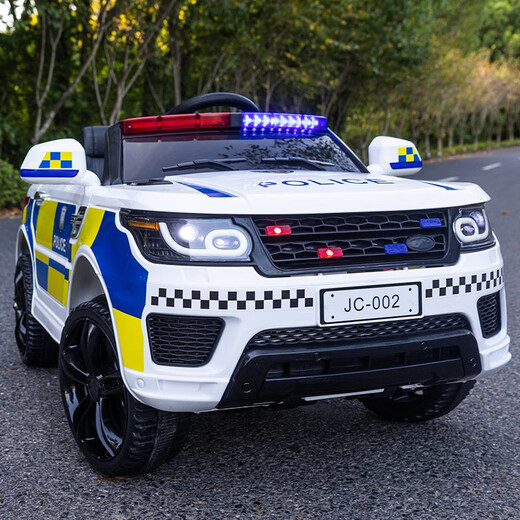 Xingchenhao children's electric car four-wheel children's remote control toy car can seat men and women, baby police car off-road stroller, top with white + leather seat + soft wheels + remote control + swing