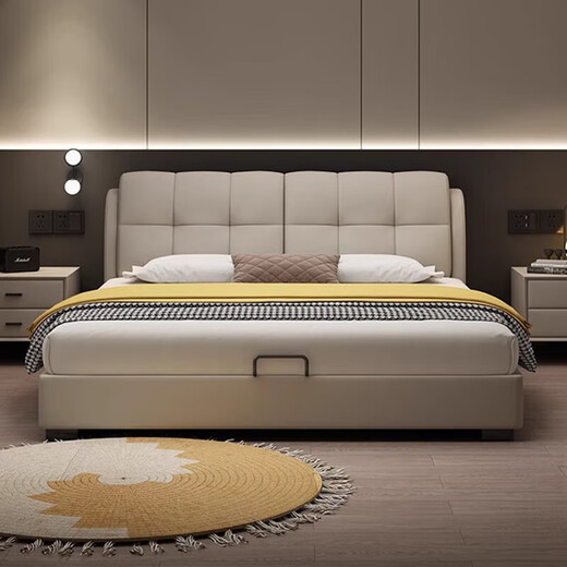 Huangbaoni Italian light luxury leather bed master bedroom high-end large bed double with drawer storage khaki soft bed first layer cowhide bed 1.5*2 meters frame bed 15cm silent bed board