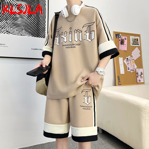 
KLSJLA casual suit men's summer trendy brand ice silk sports short-sleeved shorts men's suit a set with handsome teenagers DT681 khaki suit L 175 (about 120-145 Jin [Jin equals 0.5 kg] can be worn)