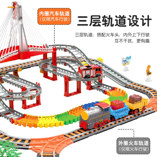 奋铭火车轨道玩具男孩3-6岁10儿童小火车高铁玩具生日礼物 三层消防队【火车组+3车+1飞机】 4-6六一儿童节礼物7-10-14