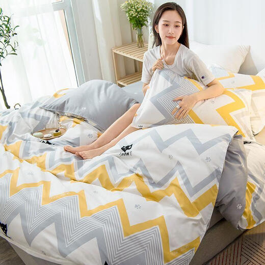Bedding quilt cover quilt cover sheet 1.2m bed three-piece set spring and autumn brushed quilt washed cotton bedding blue gray type A washed cotton-new style 1.5m bed four-piece quilt cover 1.5*2.0m