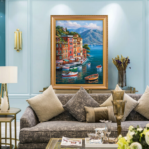 Landschaftsmalerei von Portofino Town, Diqi, Eingang, dekoratives Malerei, handbemaltem Ölmalerei, Korridor, Korridor, hängende Malerei, Esszimmer Wandmalerei 692 Gold Massivholz Rahmen 100x180