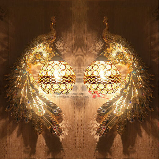 Yaotian Southeast Asia Peacock Wall Lamp French Pastoral Bedside Bedside Lamp Lobby Bar Lamp European Living Room Background Wall Lamp Peacock Opening + Silver Yellow (+LED Bulb)