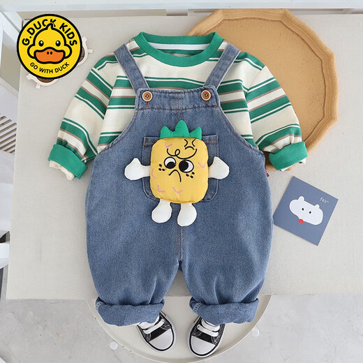 G.DUCKKIDS little yellow duck baby boy autumn overalls set 2024 new baby children's clothing children's spring and autumn long-sleeved clothes green pineapple suspenders 2-piece set 80cm