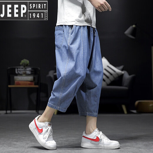 JEEP SPIRIT八分牛仔裤男潮牌夏季薄款哈伦裤宽松大码韩版潮流阔腿七分短裤子 浅蓝色 4XL