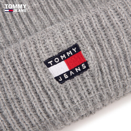 TOMMY JEANS Autumn and Winter Women's Wool Blended Classic Flag Embroidery Outdoor Warm Trendy Cold Hat Knitted Hat 16785 Gray 0IM Single Size (Head Circle 46cm)
