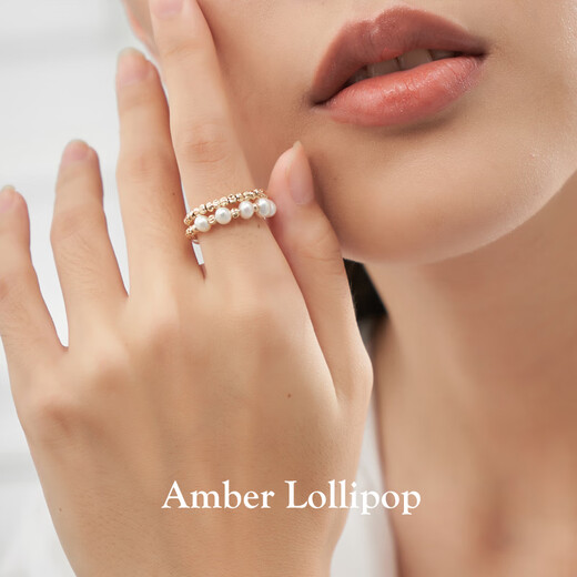 Amber Lollipop Wang Yuwen's same style pearl ring women's index finger ring tail ring anniversary birthday gift for girlfriend and wife gold (freshwater pearl + 14k gold plated)