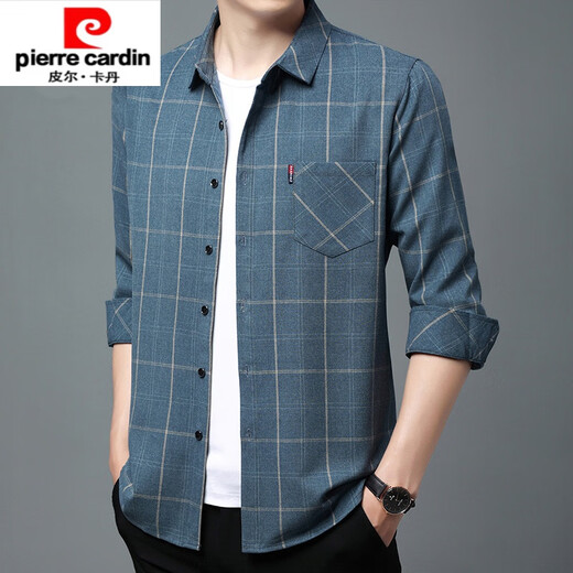 Pier Cardin high-end pure cotton long-sleeved shirt for men spring and autumn style real pocket middle-aged men's plaid loose large-size shirt for men long-sleeved thin 6626 blue 190/4XL recommendation 175-190Jin [Jin equals 0.5 kg]