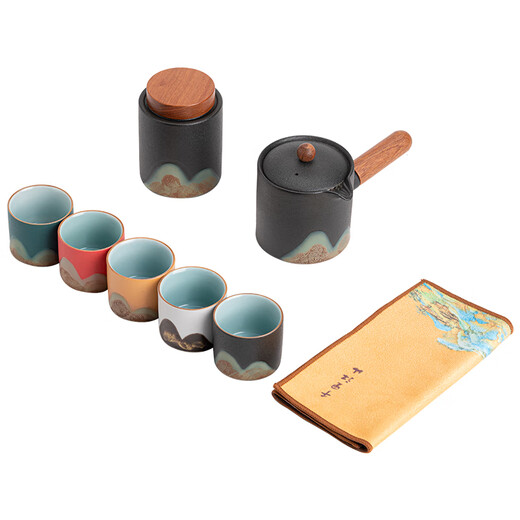 SUSHI CERAMICS hand-painted glaze colorful Qianlijiangshan tea set gift box side handle pot five-color cup cultural and creative souvenirs