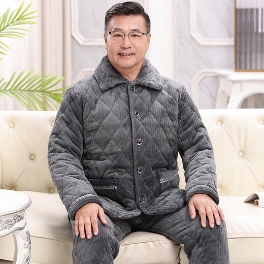 Xuanduoqi Pajamas hommes en hiver épaissis de corail épaissis en velours à trois couches papa de flanelle de coton de l'âge moyen et de vêtements de maison âgée C9903 # hommes gris noir [Velvet de lait] xxxl (165-200jin [Jin est égal à 0,5 kg])