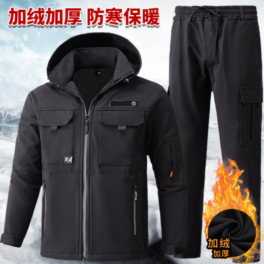 Jiuguge winter velvet thickened warm cotton work clothes welding wear-resistant labor protection cotton suit men's construction site thickened jacket waterproof velvet gray jacket top + pants 175 recommended 120-140 Jin Jin equals 0.5 kg