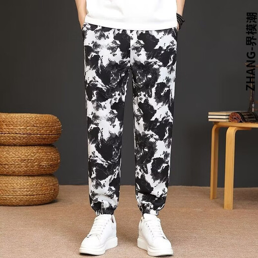 World Model Fashion Chinese Style Men's Pants Loose Wide Legs Blossoms Ancient Style Dragon Pattern Print Thin Ice Silk Casual Harem Pants C321-Picture Color 3XL