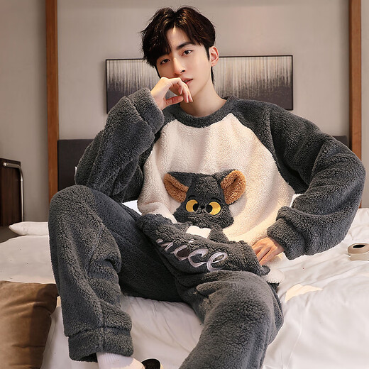 Antarctic Men's Pajamas Men's Autumn and Winter Plus Velvet Thickened Pullover Flannel Home Clothes Can Be Weared Outside Pajamas Cartoon XL