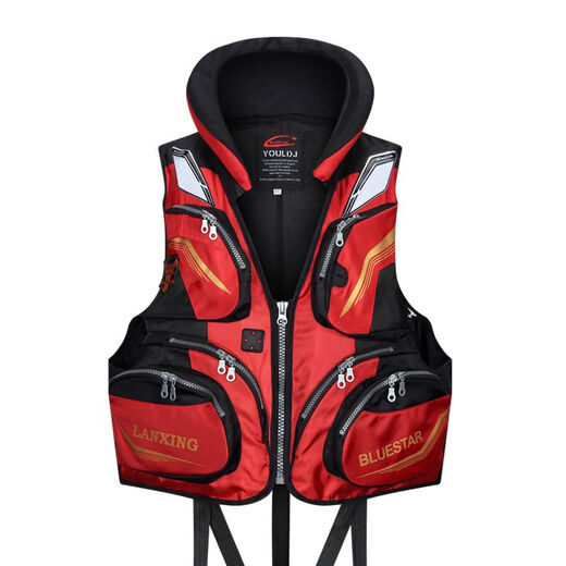 Life jacket fishing large buoyancy lure professional fishing vest adult boat multi-functional rock fishing life jacket sea fishing life jacket blue star black one size adjustable size