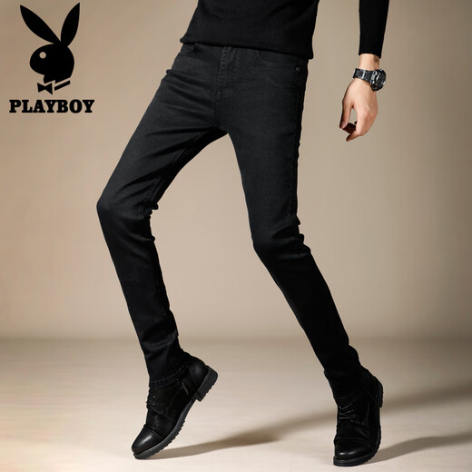 花花公子（PLAYBOY）黑色牛仔裤男士夏季新款潮流休闲韩版修身小脚长裤弹力商务裤子男 黑色 X-3071HH902 33