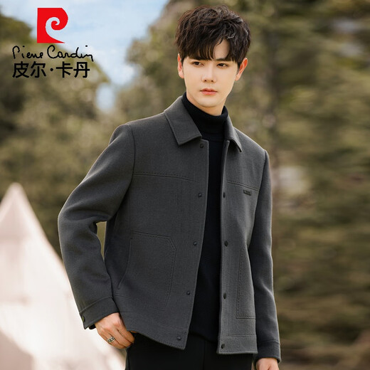 皮尔卡丹翻领羊毛外套男士羊毛呢子大衣短款双面呢夹克男装春秋季英伦加厚 深灰色 (内含可拆卸羽绒内胆) XL 180