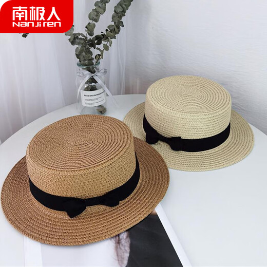 Antarctic Korean Straw Hat Women Summer British Retro Flat Top Hat Top Hat Sunscreen Sunscreen Travel Tide Beach Hat Khaki [7.5cm Hat Brim]
