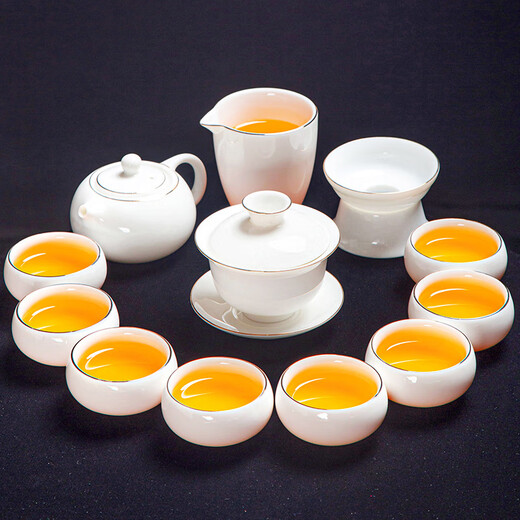 Jingcizhai Mutton Fat Jade White Porcelain Kung Fu Tea Set Home Light Luxury High-End Ceramic Covered Bowl Tea Cup New Complete Set Gold Painting-White Bean Fat Jade Covered Bowl 9-Head Perfect Cup